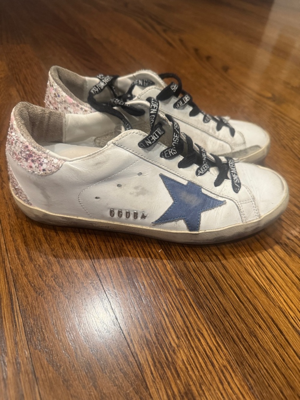 Golden Goose White Sneakers with Blue Star and Pink Glitter Heel
